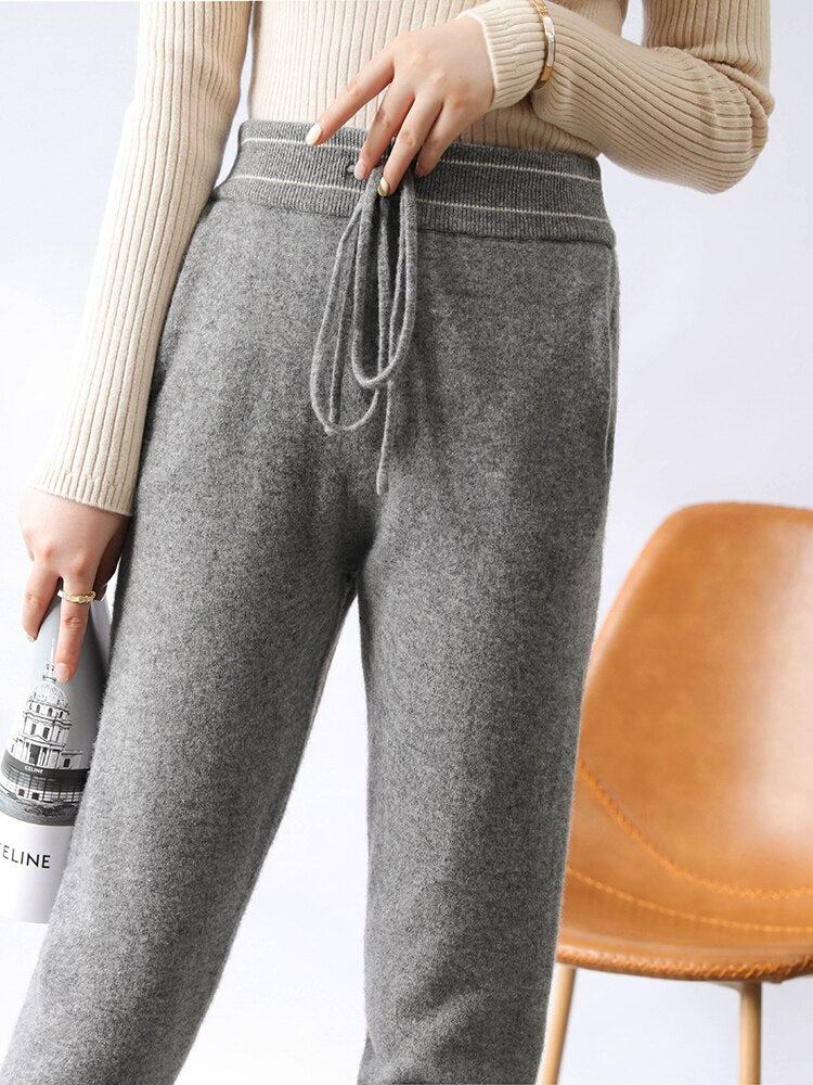 Pants Women  Elastic Waist Long Trousers Cashmere